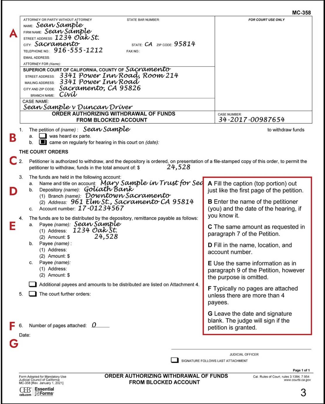 Sample Order Authorizing Withdrawal of Funds (MC-358)