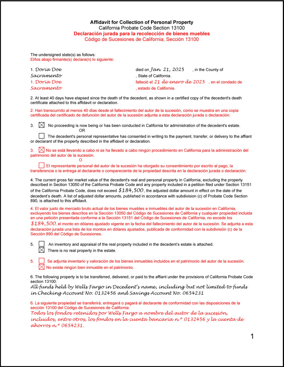 Spanish language version of the Small Estate Affidavit form with text and instructions in Spanish. Page 1