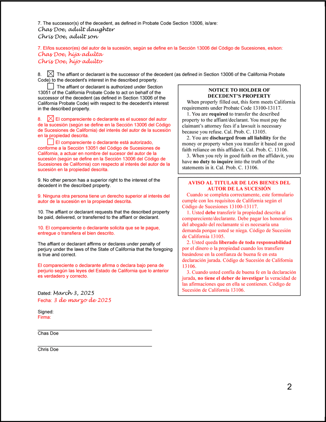 Spanish language version of the Small Estate Affidavit form with text and instructions in Spanish. Page 2