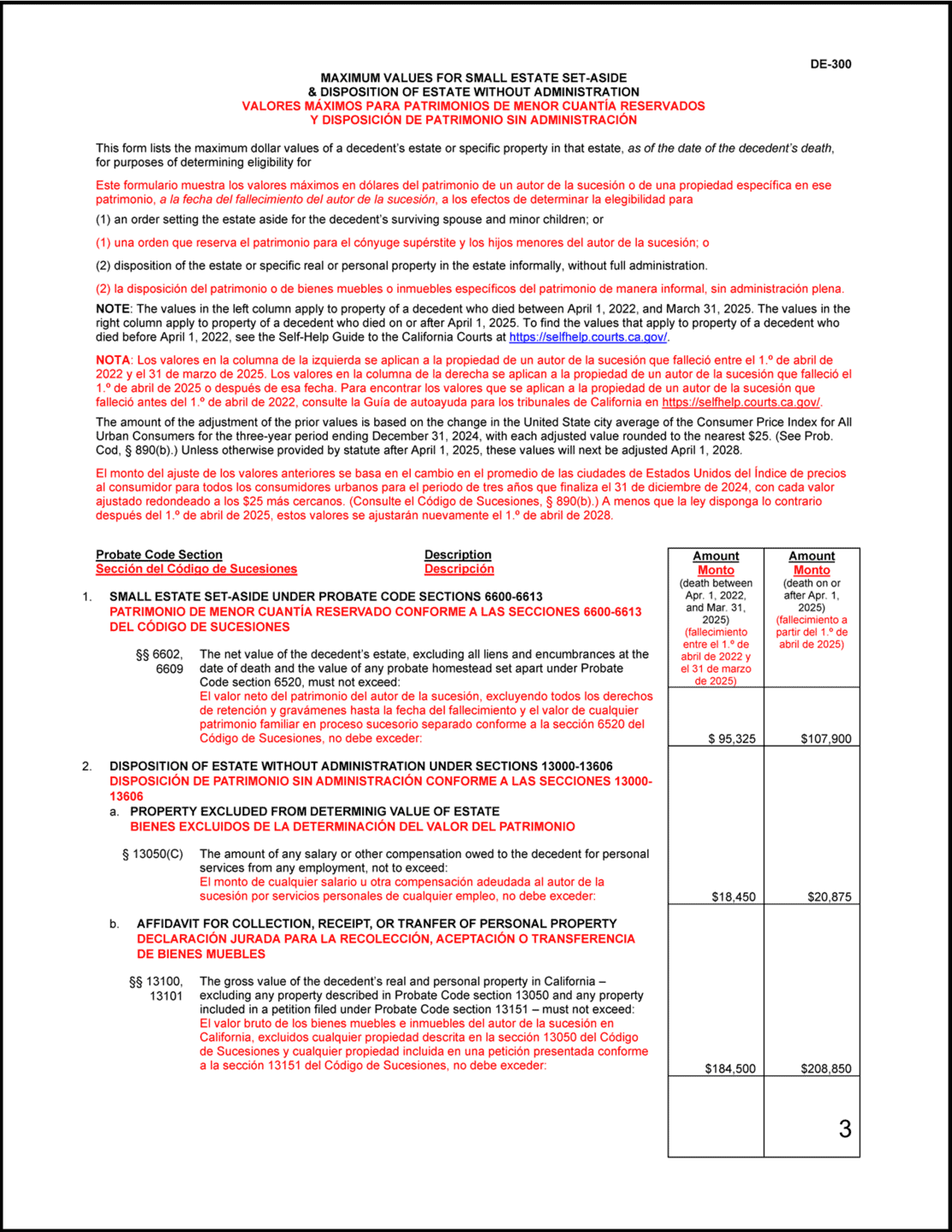 Spanish language version of the Small Estate Affidavit form with text and instructions in Spanish. Page 3