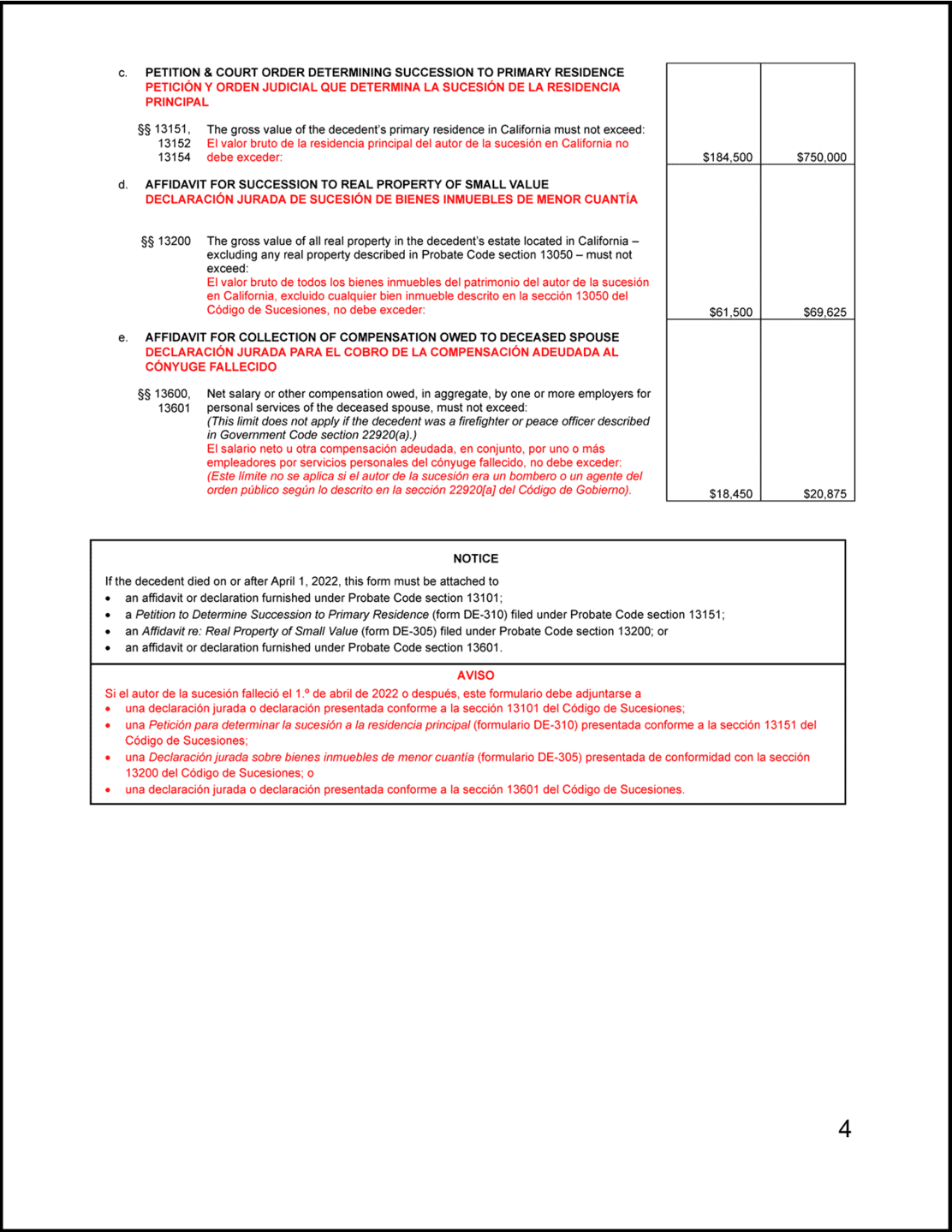Spanish language version of the Small Estate Affidavit form with text and instructions in Spanish. Page 4