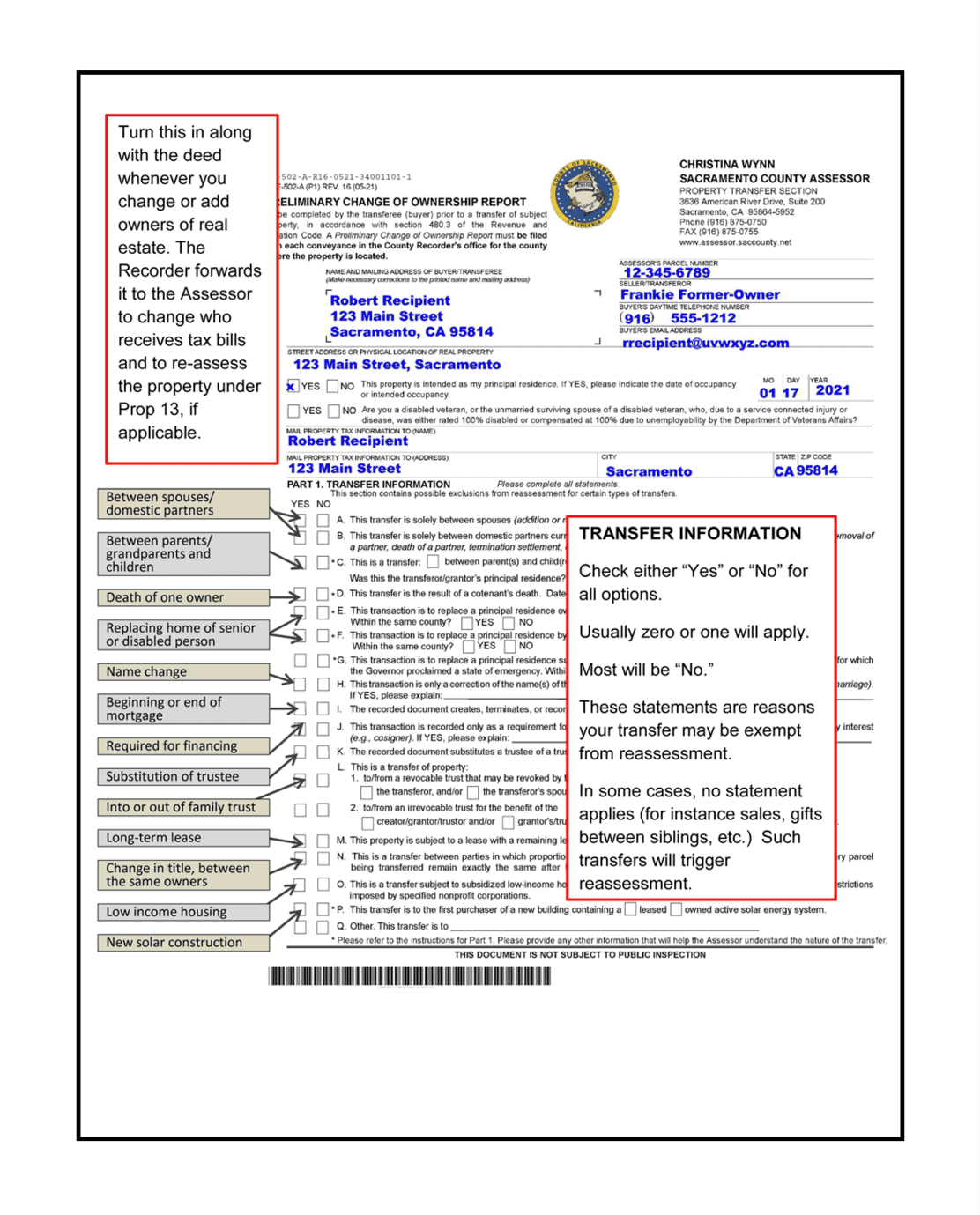 Sample Preliminary Change of Ownership Form, page 1, annotated with explanations of the questions. Part 1 has a number of options to describe the purpose of the transfer, usually one will apply. These options determine whether a tax reassessment exemption applies.