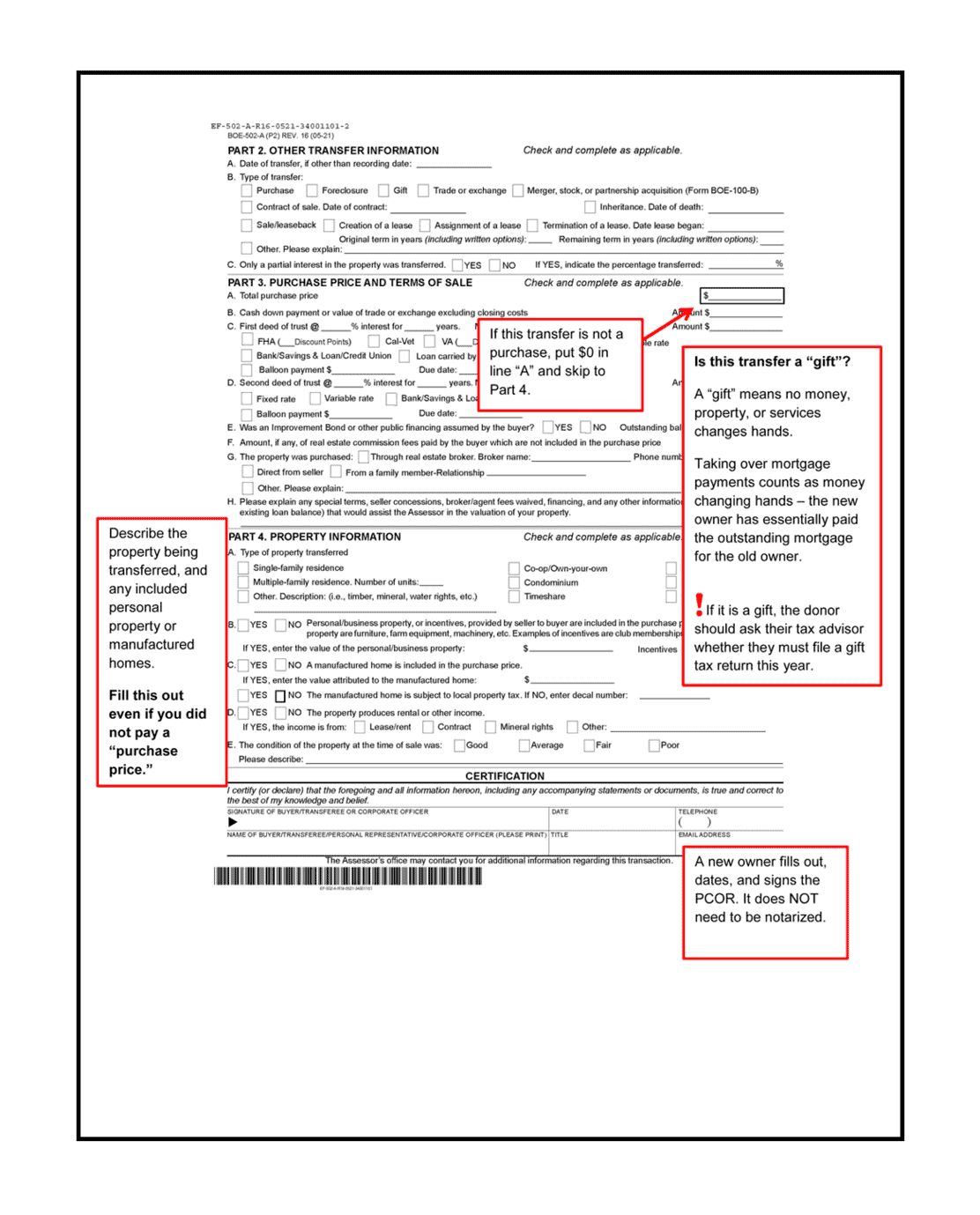 Close-up of a legal transfer form with annotations explaining key sections and instructions for filling out the document.