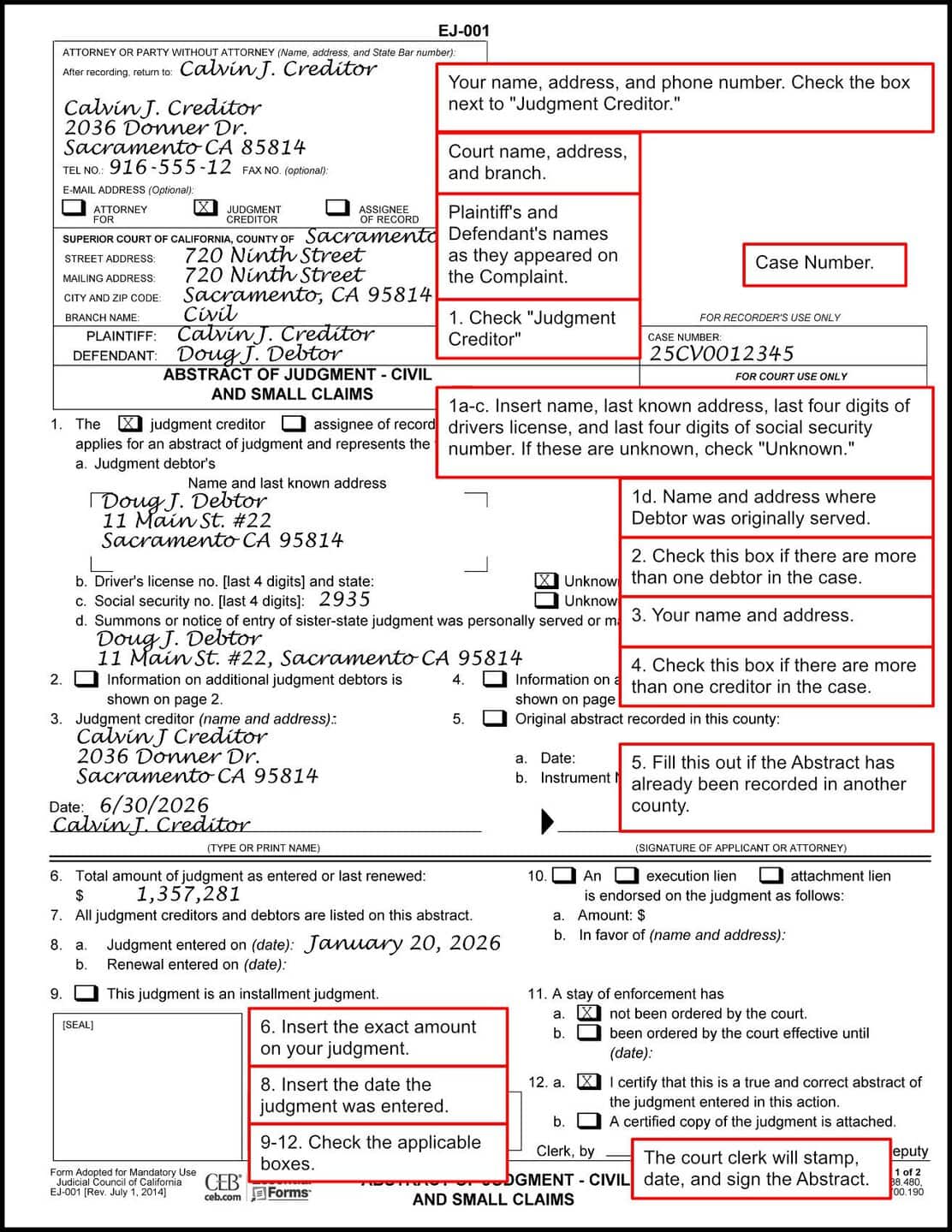 Sample of a filled-out Abstract of Judgment EJ-001 Page 1 with instructions.