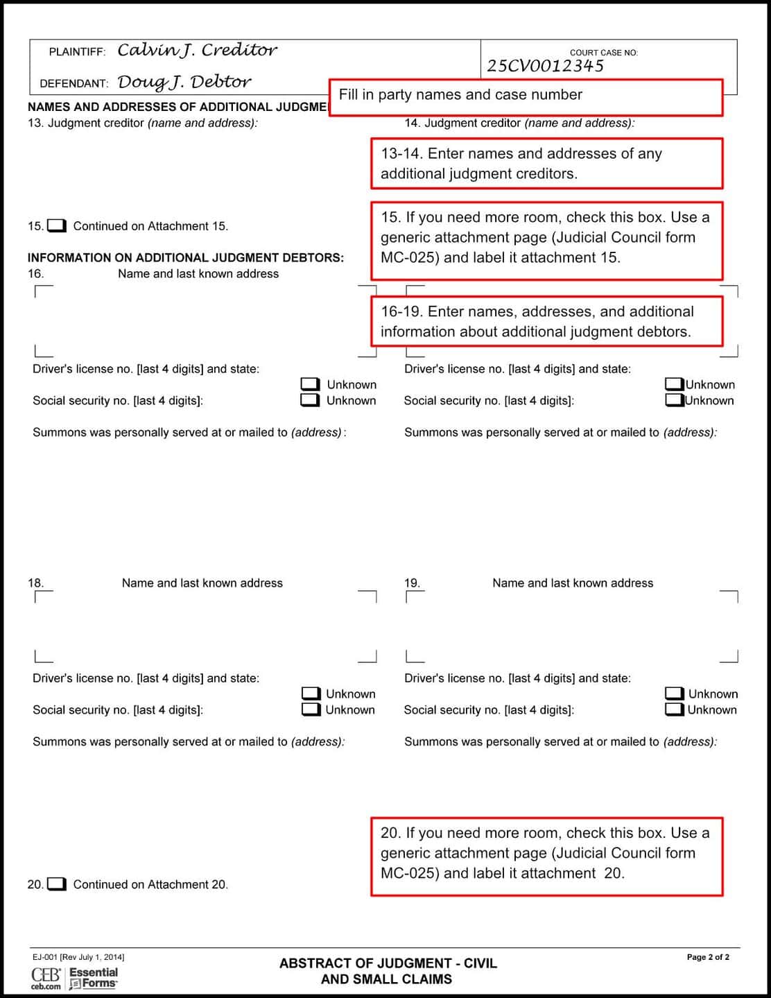 Sample of a filled-out Abstract of Judgment EJ-001 Page 2 with instructions.