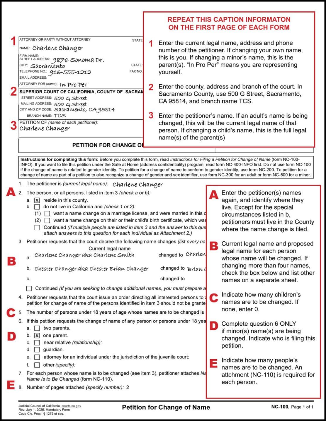 Filled out example with instructions of NC-100 (Name Change Petition)