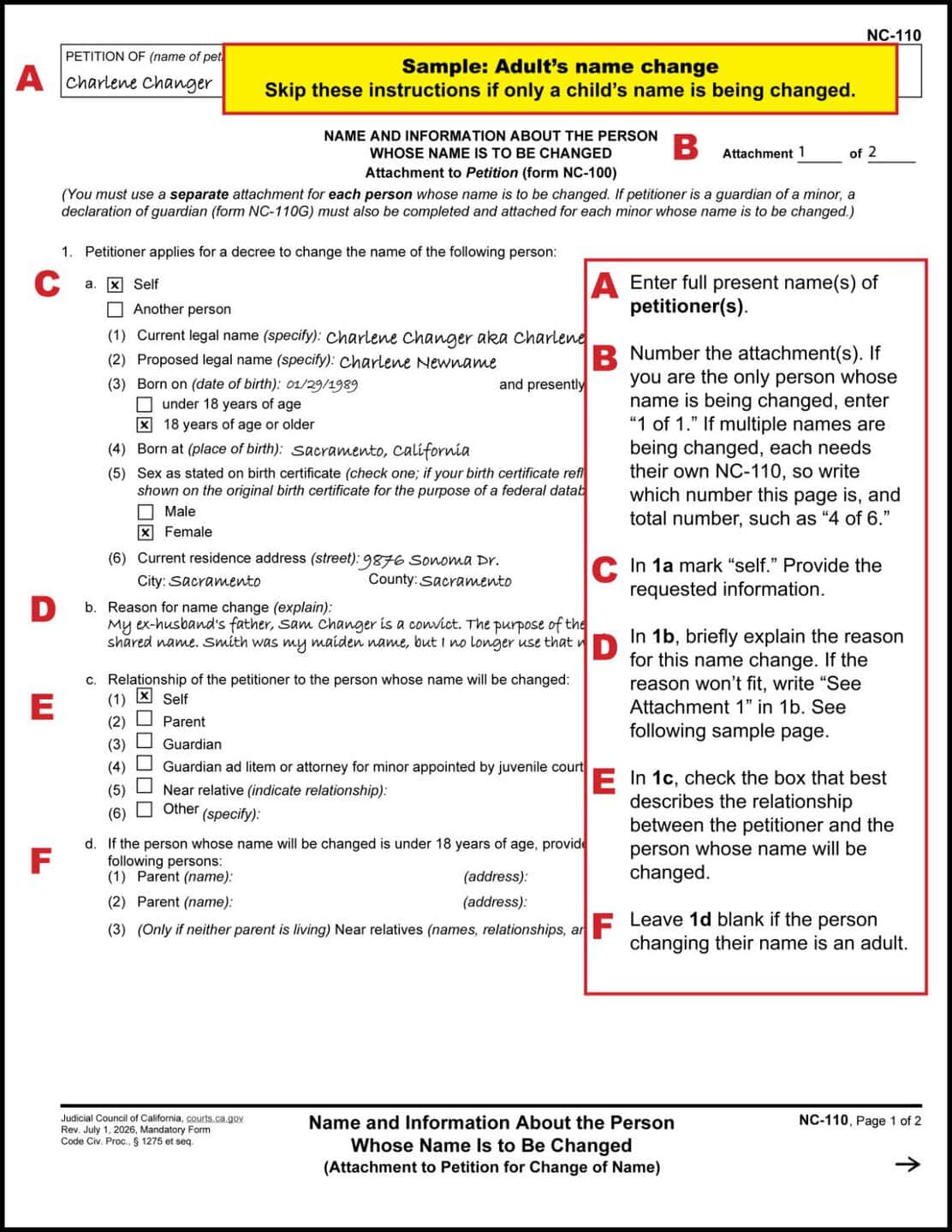 Filled out example with instructions of NC-110 (Name Change Attachment) for Adult, page 1