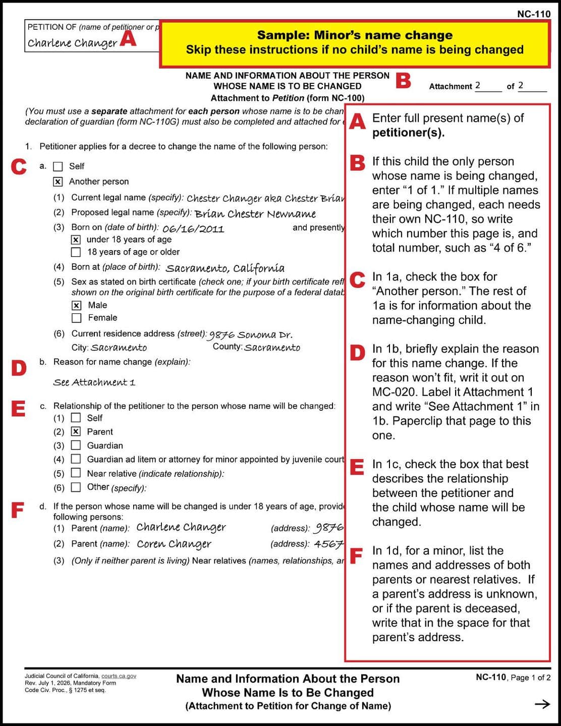 Filled out example with instructions of NC-110 (Name Change Attachment) for child, page 1