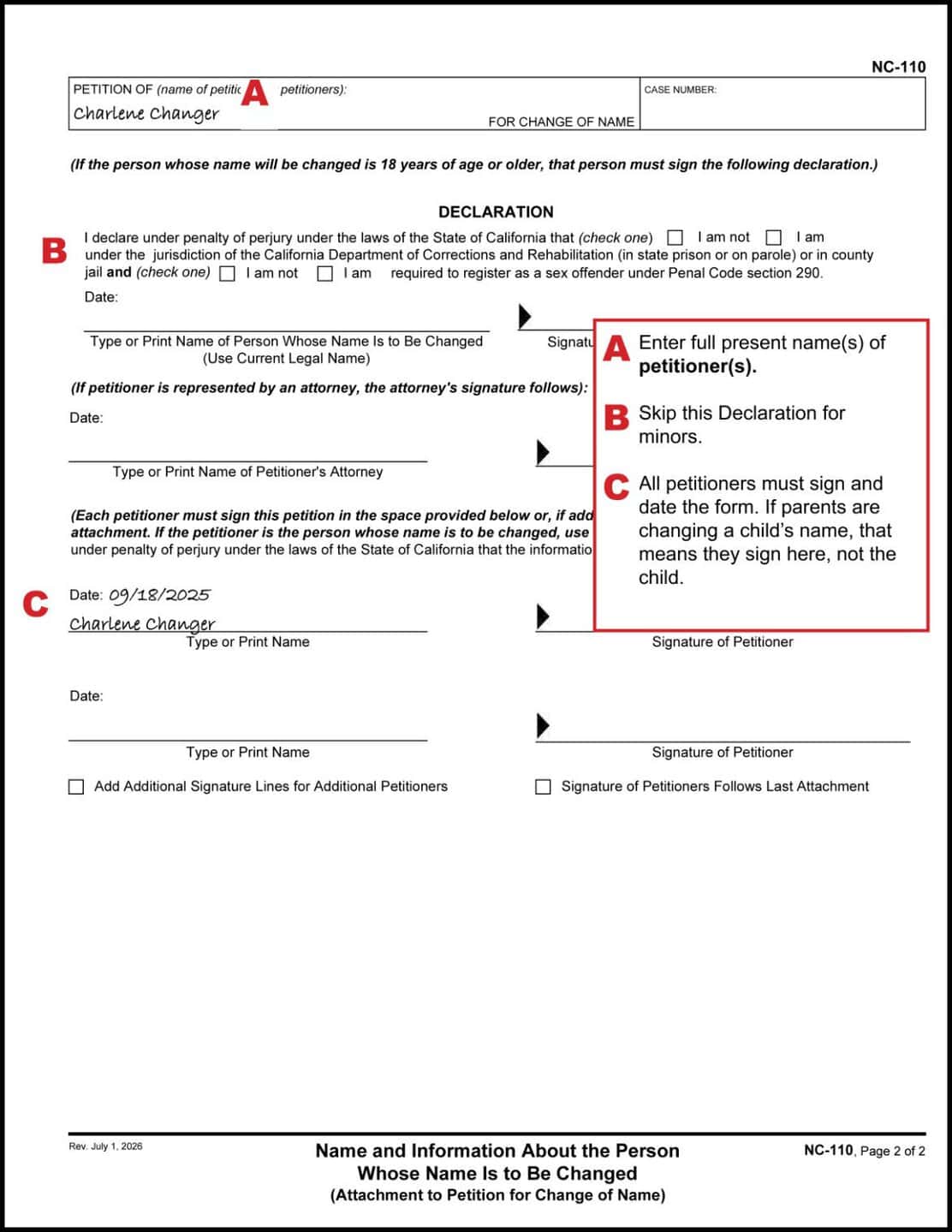 Filled out example with instructions of NC-110 (Name Change Attachment) for child, page 2