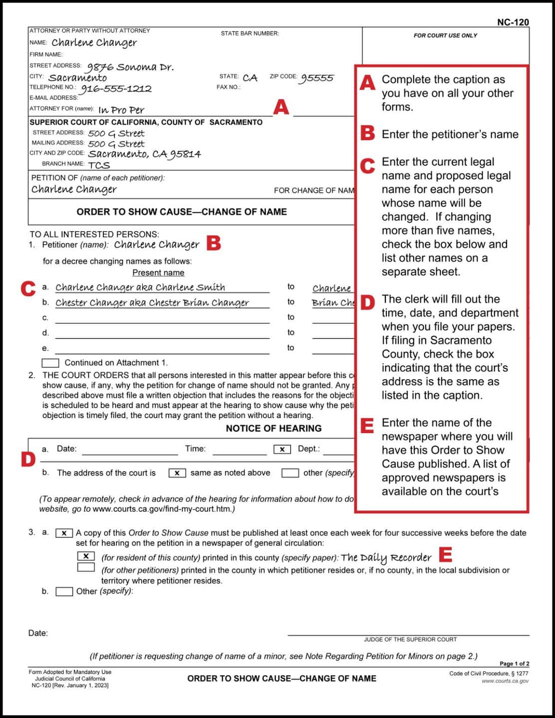 Filled out example with instructions of NC-120 (Name Change Order to Show Cause), used by a parent when changing the name of a child without the other parent's signataure