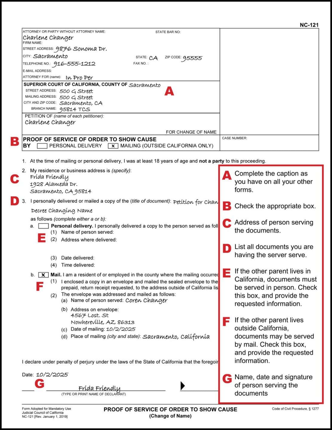 Filled out example with instructions of NC-121 (Proof of Service of Order to Show Cause, used only when one parent is changing a child's name without the other parent's signature)