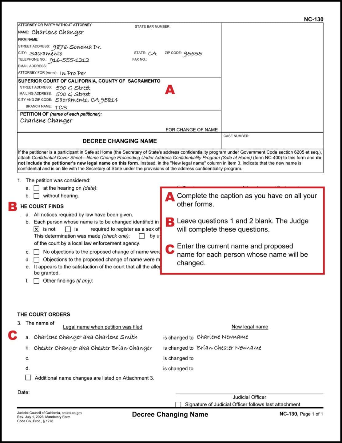Filled out example with instructions of NC-130 (Name Change Decree)