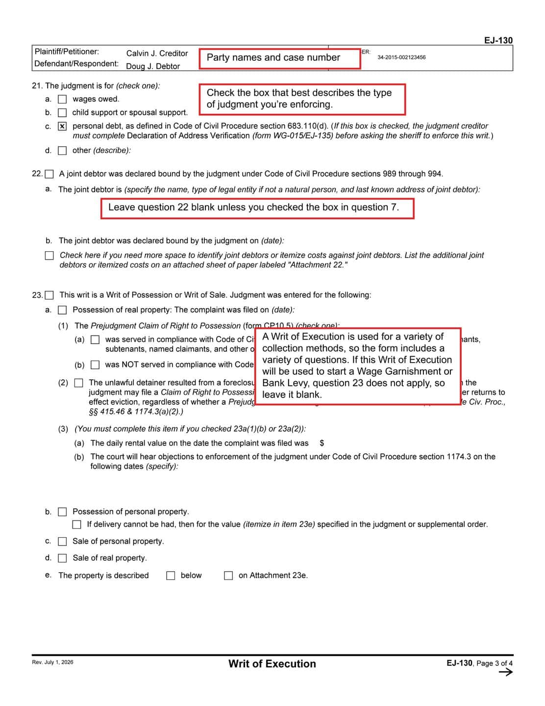 Writ of Execution (EJ-130), page 3