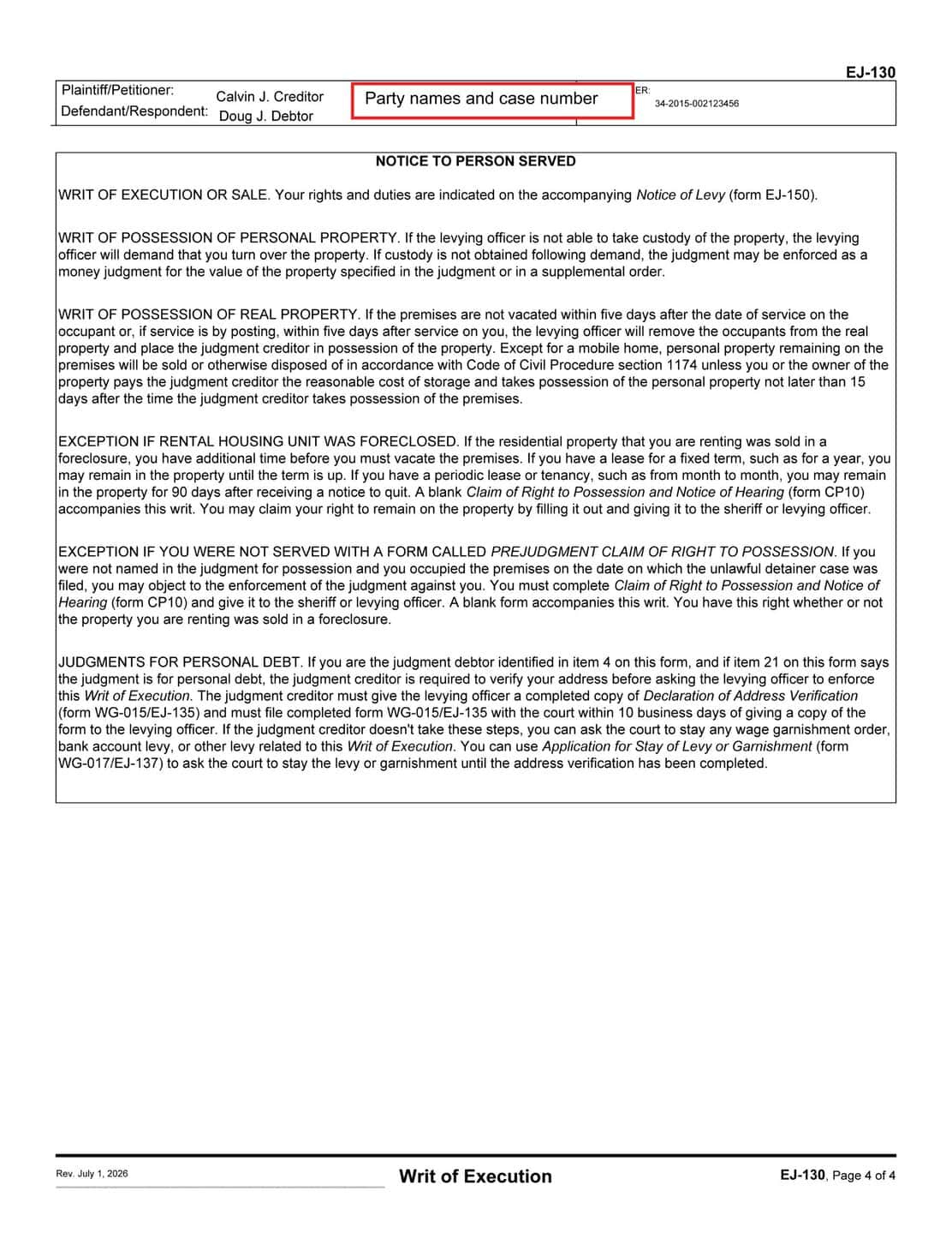 Writ of Execution (EJ-130), page 4
