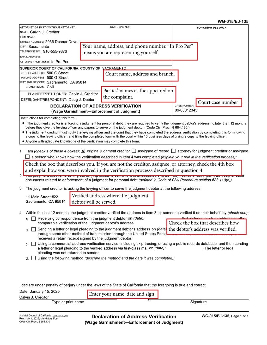 Sample Completed Declaration of Address Verification (WG-015/EJ-135)